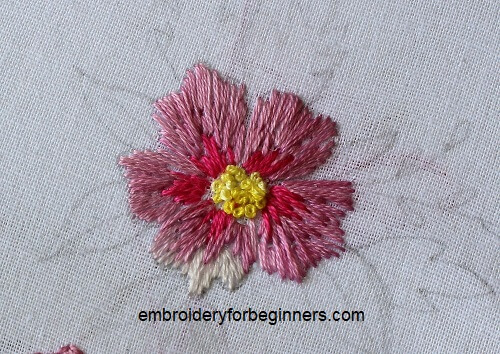 long & short stitch, french knot flower